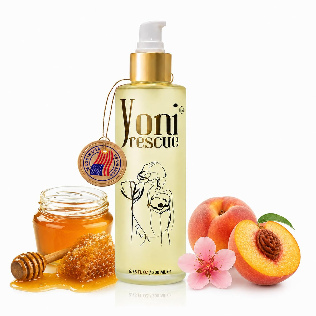 Yoni Rescue front bottle peach label shows product and scent for quick ID