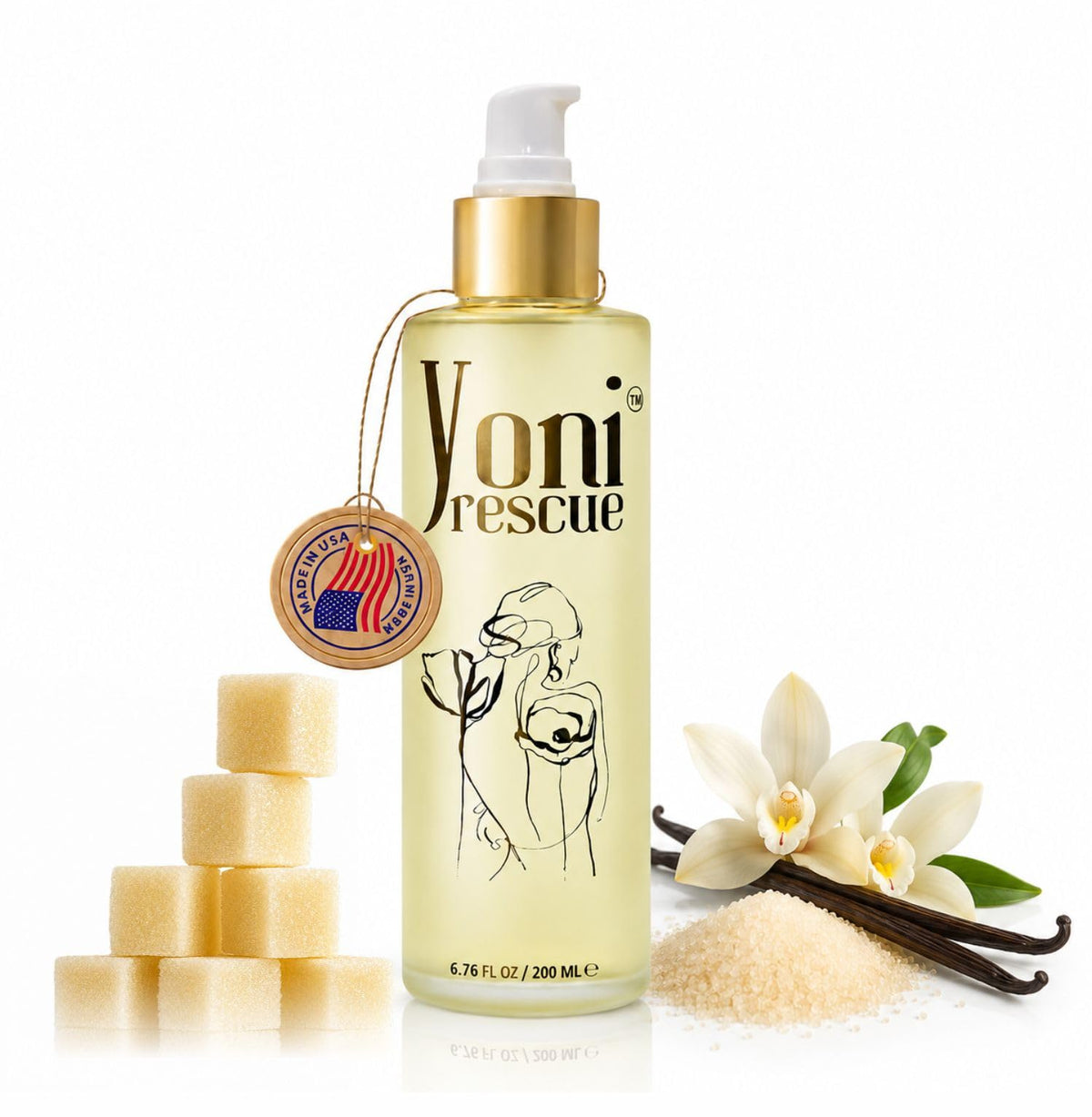 Yoni Rescue front bottle showing vanilla body oil for daily hydration