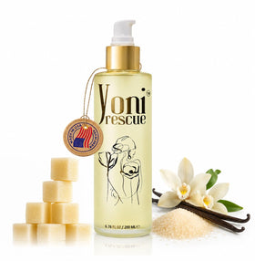 Yoni Rescue front bottle showing vanilla body oil for daily hydration