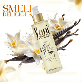 Yoni Rescue bottle with open cap dispensing oil showing easy application