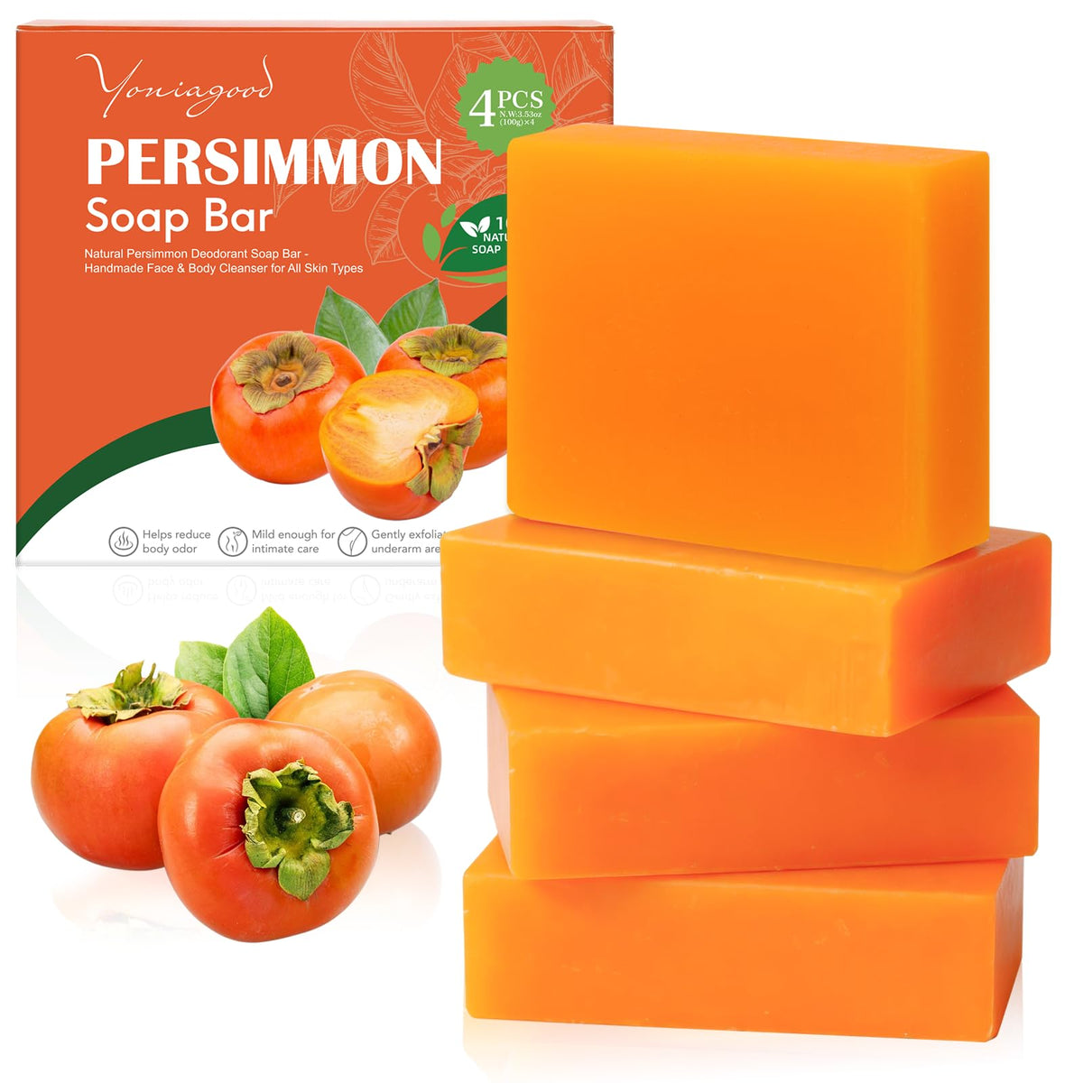 yoniagood front packaging showing four persimmon soap bars and benefits