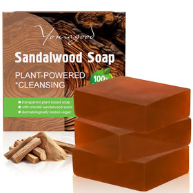 yoniagood front packaging showing three sandalwood bars and natural appeal