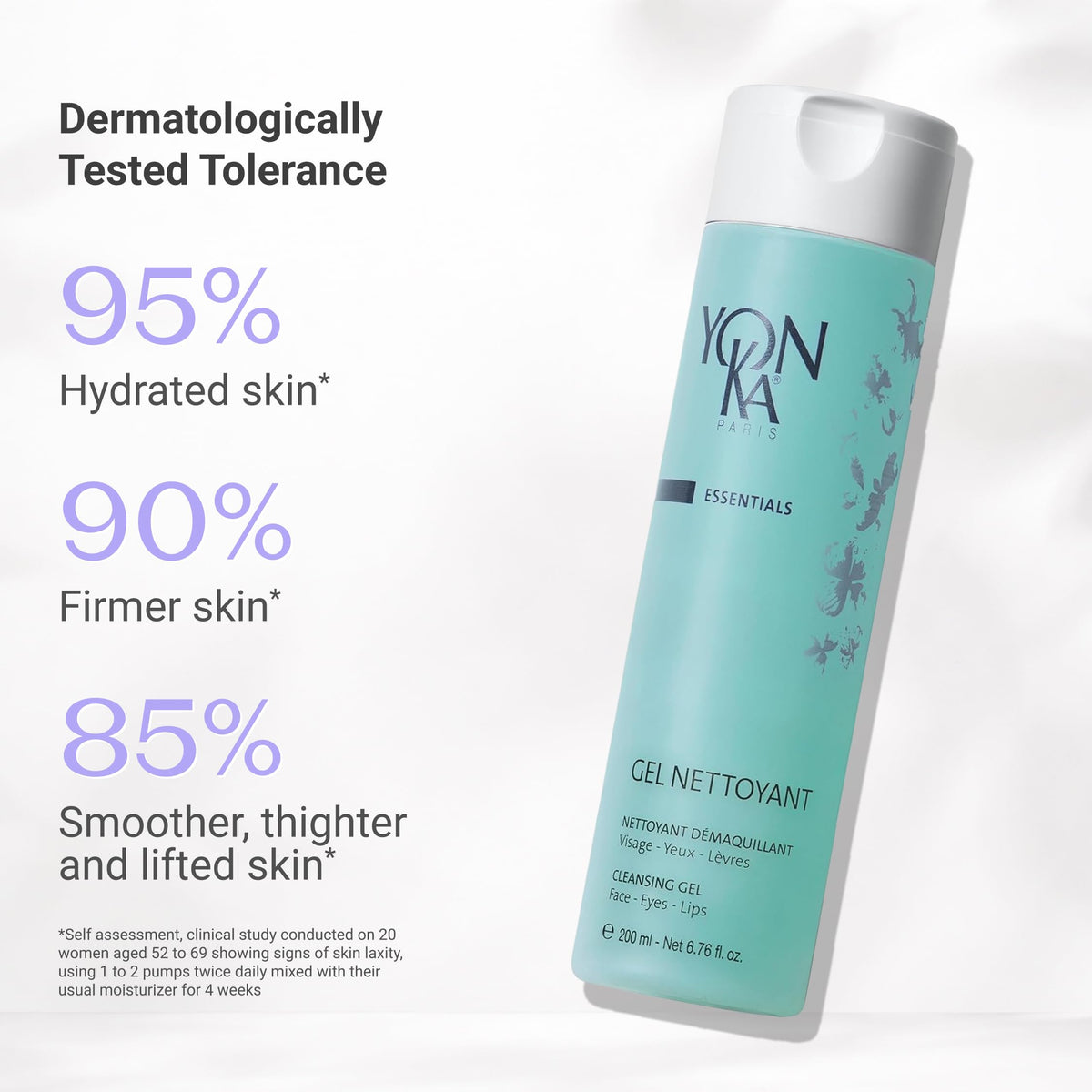 Yonka gel cleanser close-up of label highlighting ingredients and natural-origin benefit