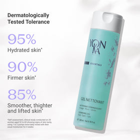 Yonka gel cleanser close-up of label highlighting ingredients and natural-origin benefit