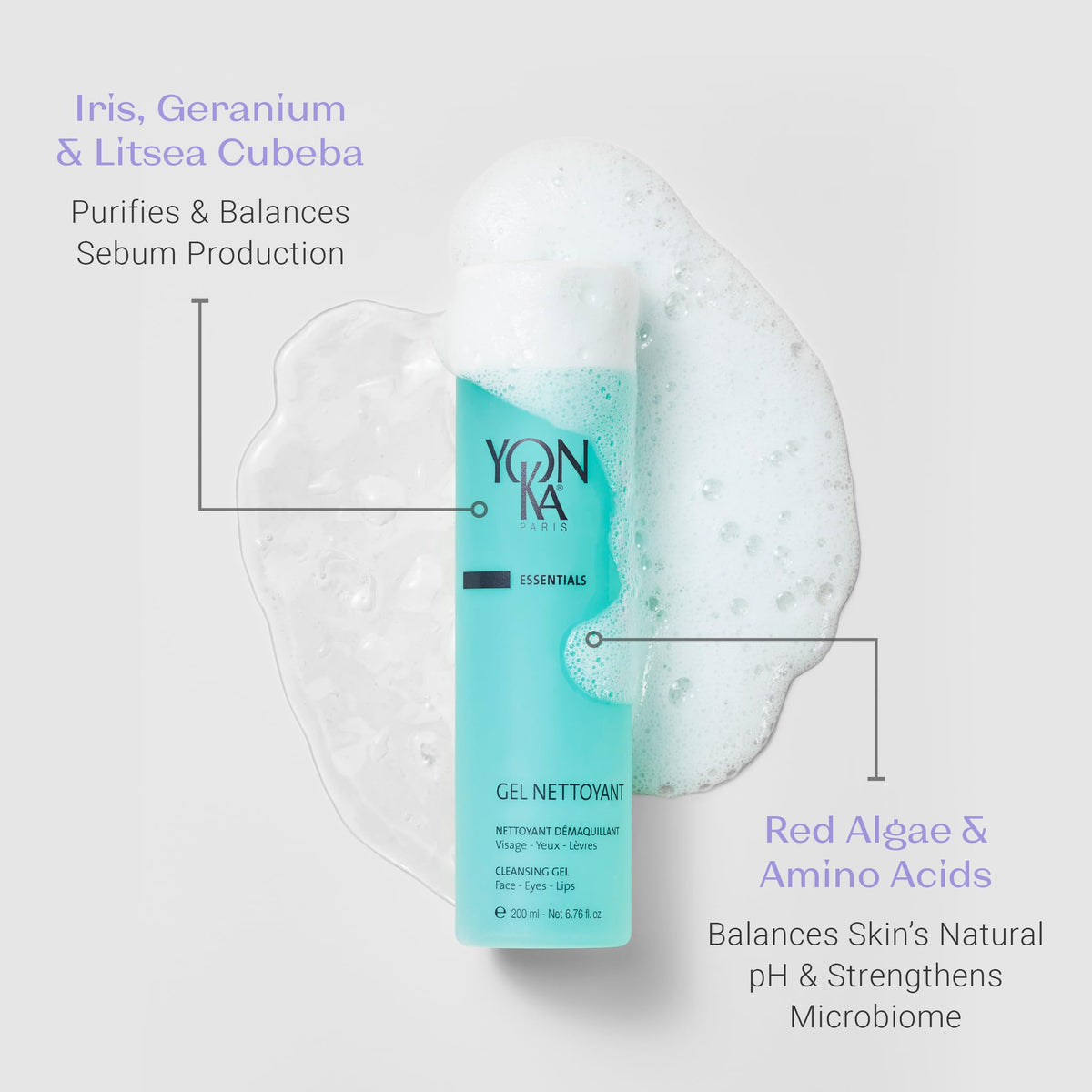 Yonka gel cleanser foamed on hand showing gentle lather that removes makeup effectively