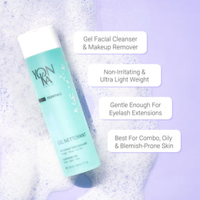 Yonka gel cleanser dispensed on hand showing lightweight texture and easy application benefit