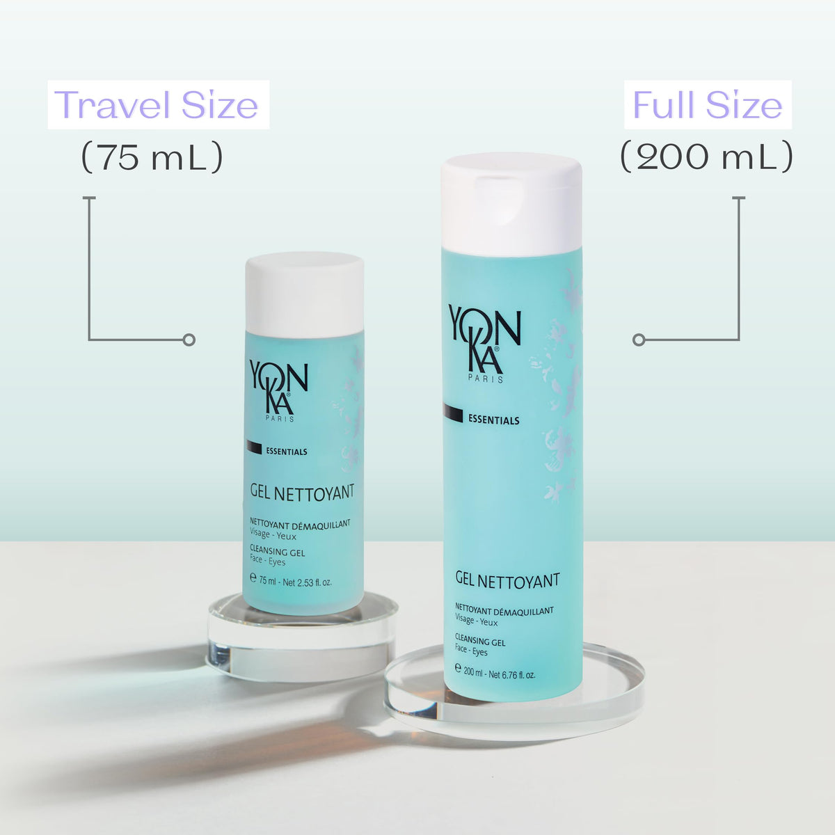 Yonka gel cleanser next to ruler for 6.76 fl oz size comparison and travel convenience