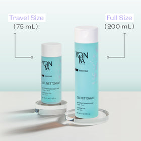 Yonka gel cleanser next to ruler for 6.76 fl oz size comparison and travel convenience