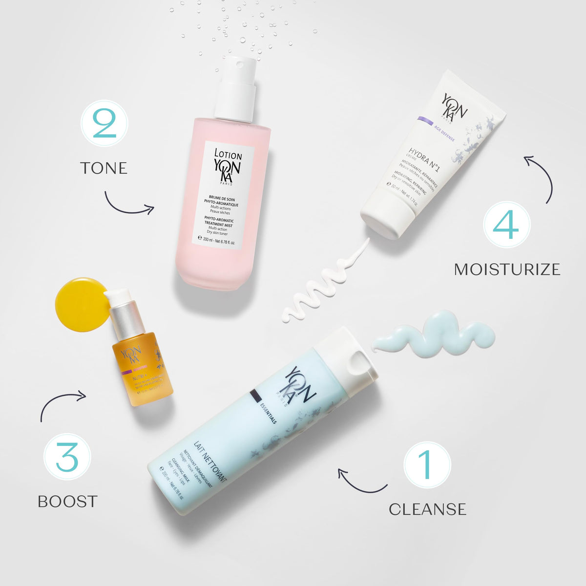 Yonka rinsing under water showing foamless cleanse, shows non-drying finish