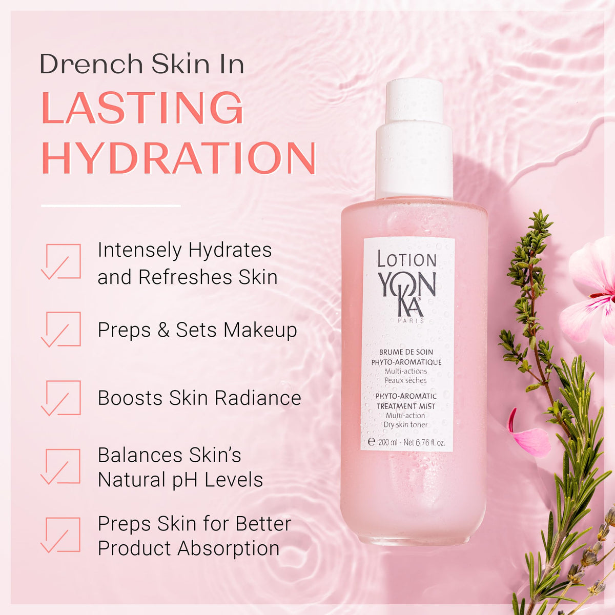 Yonka PS spray nozzle delivering fine mist for quick hydrating refresh