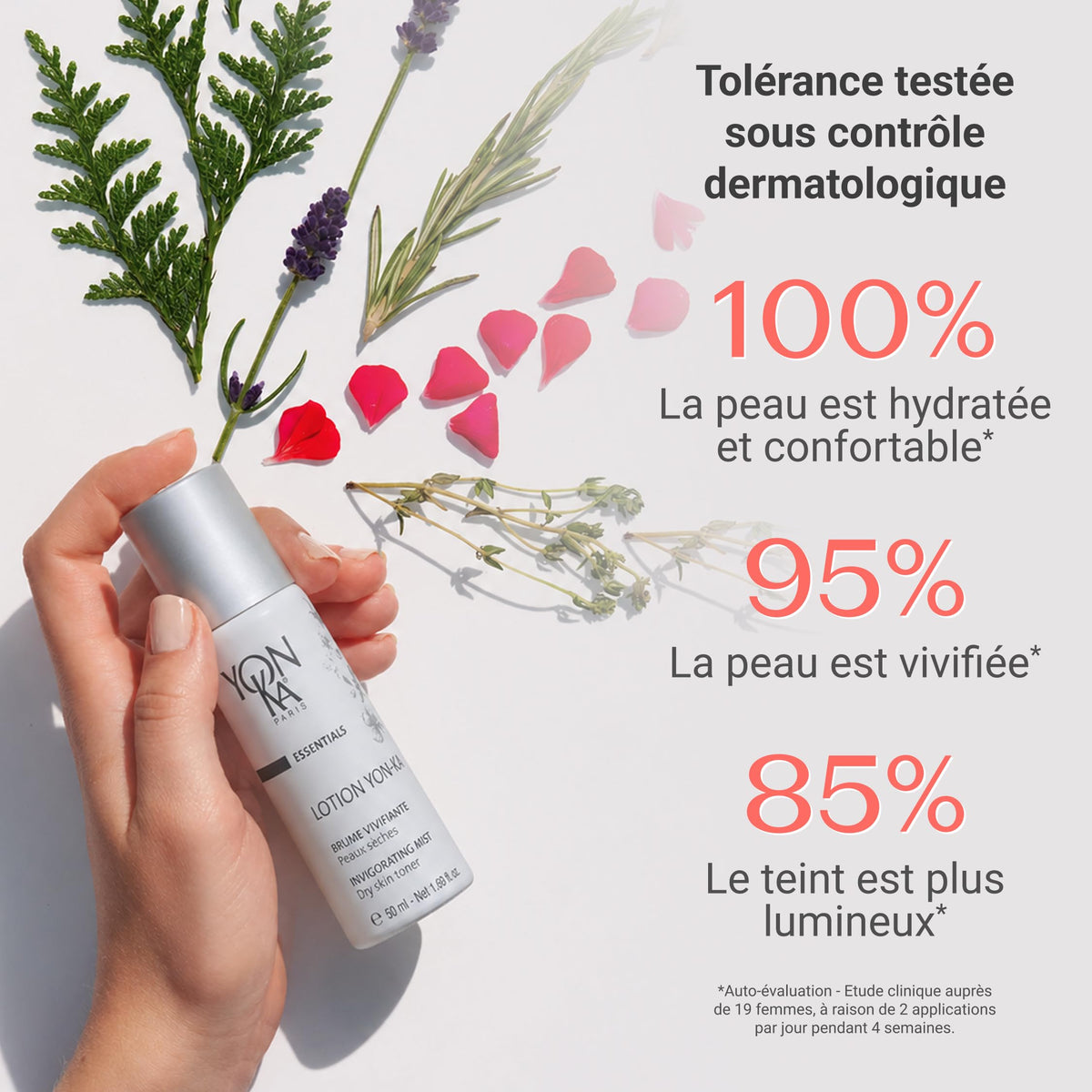 Yonka label close-up highlighting Quintessence botanicals and alcohol-free benefit