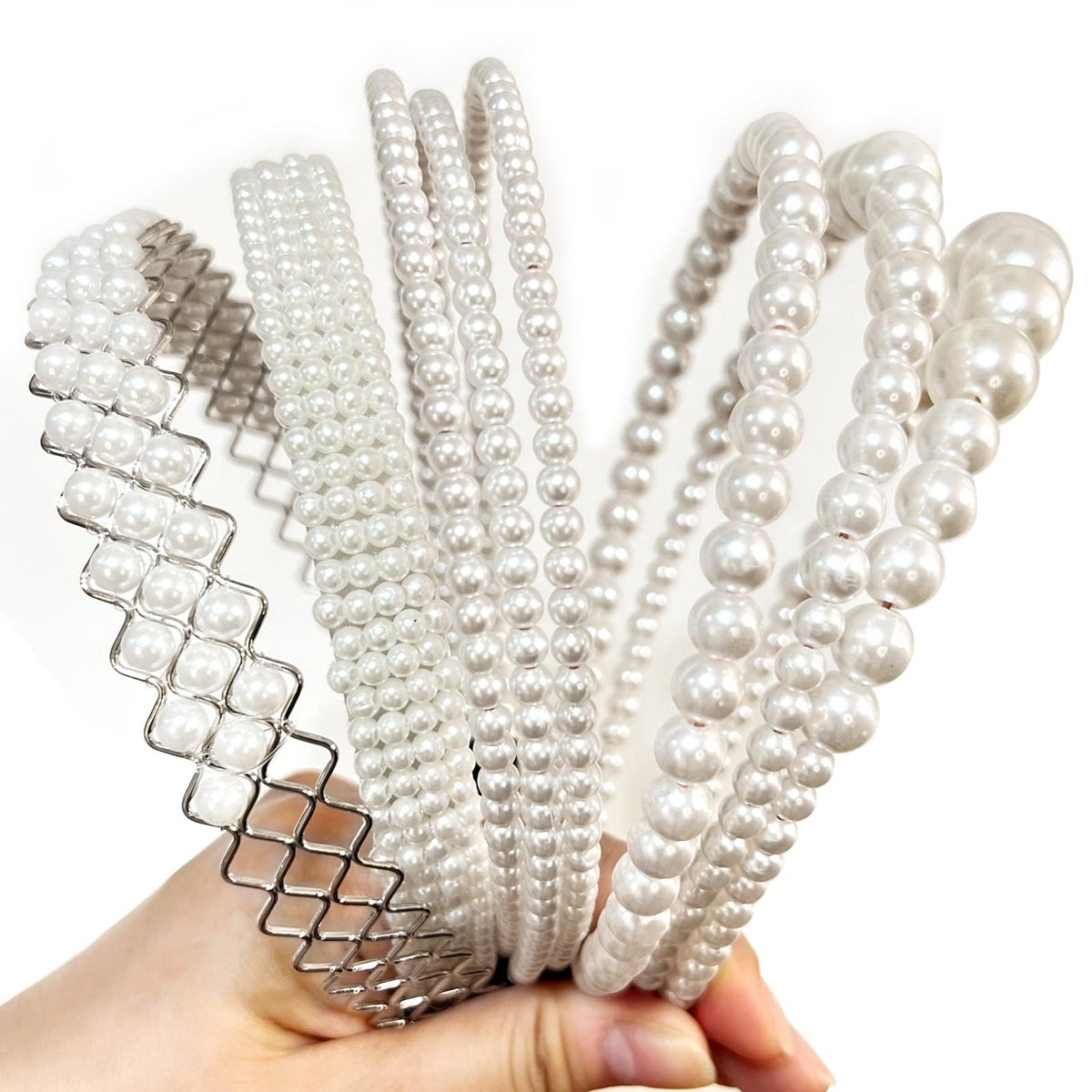 YONOY front view of six pearl headbands, elegant accessory set