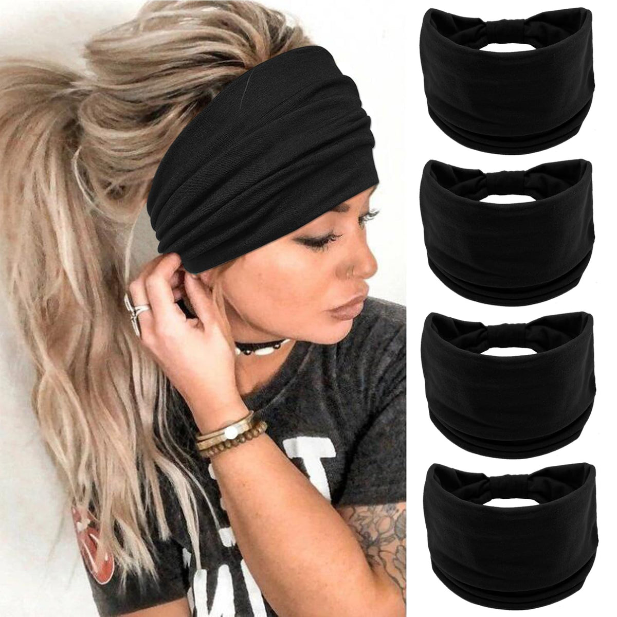YONUF front view of four black headbands showing neat pack and value