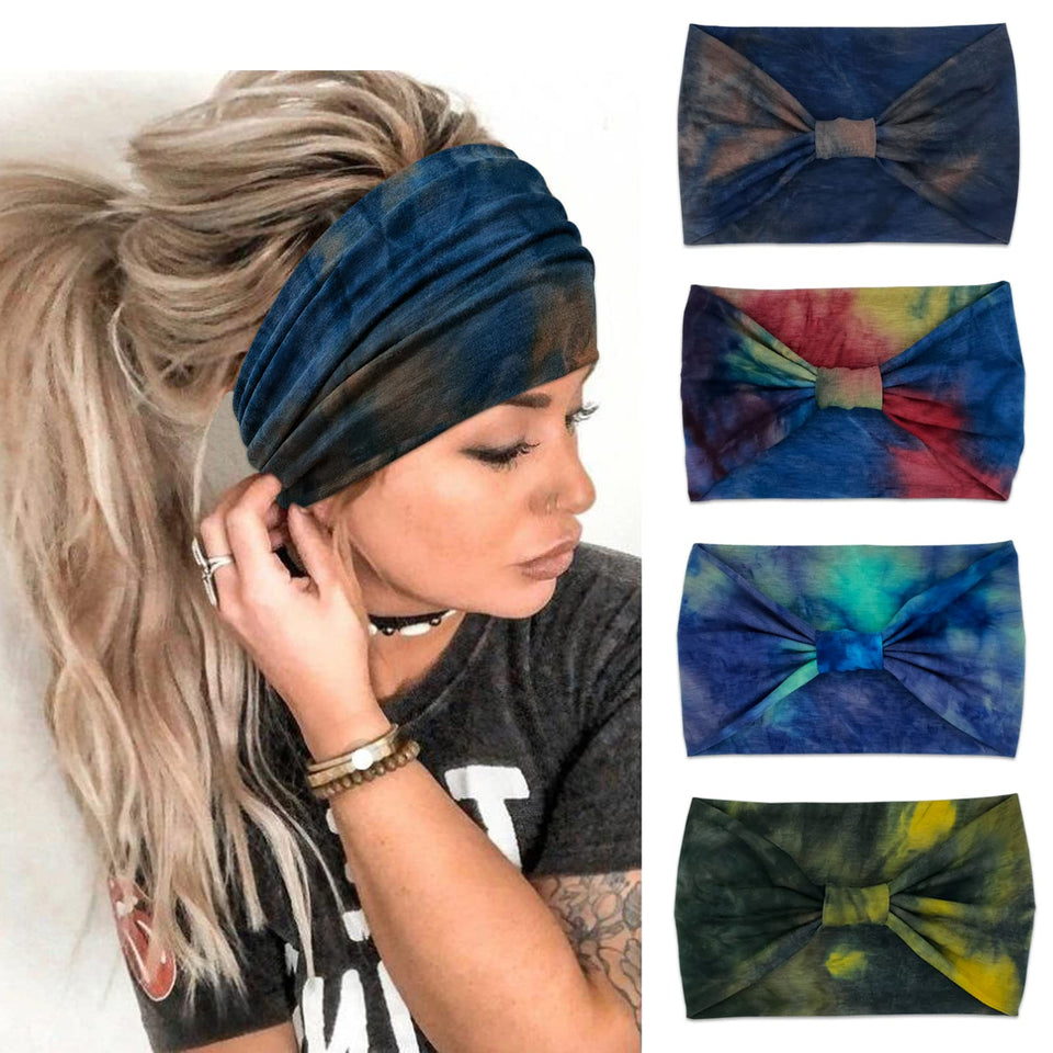 YONUF front view of four blue tie-dye headbands neatly stacked, shows color variety and pack value