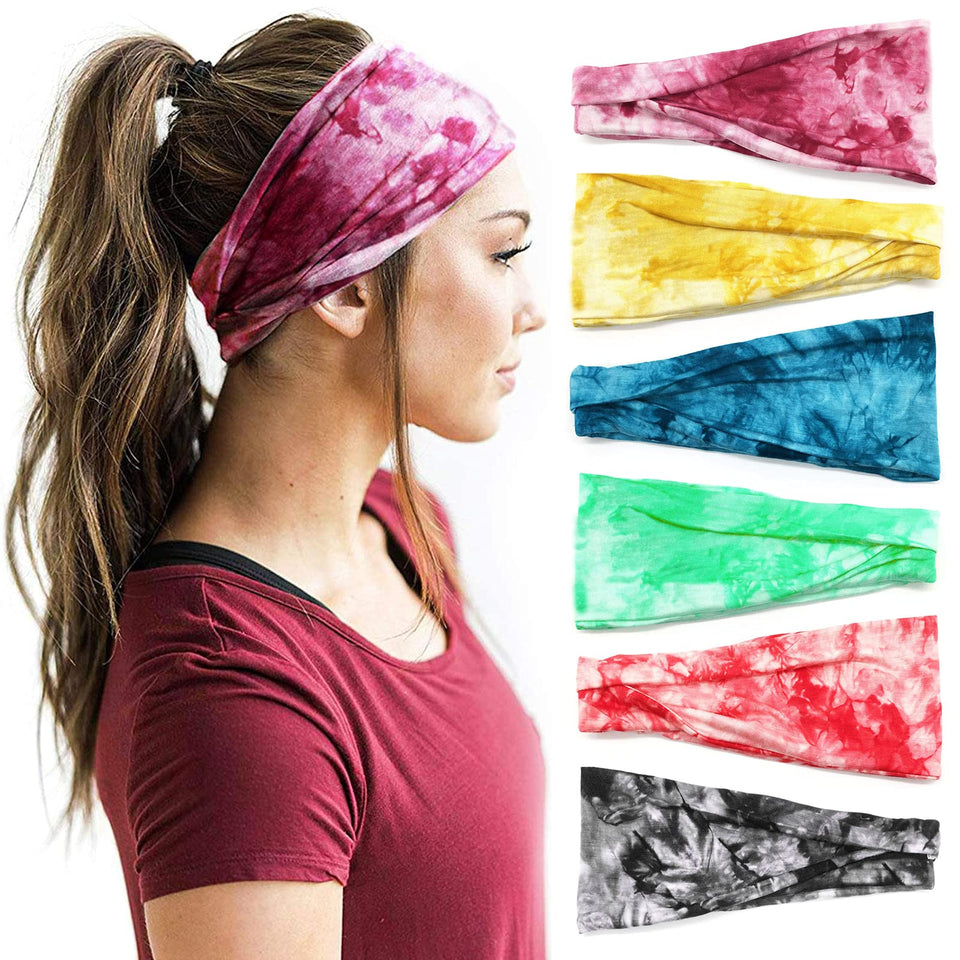 YONUF front view of six tie-dye headbands showing colors and packaging benefit variety