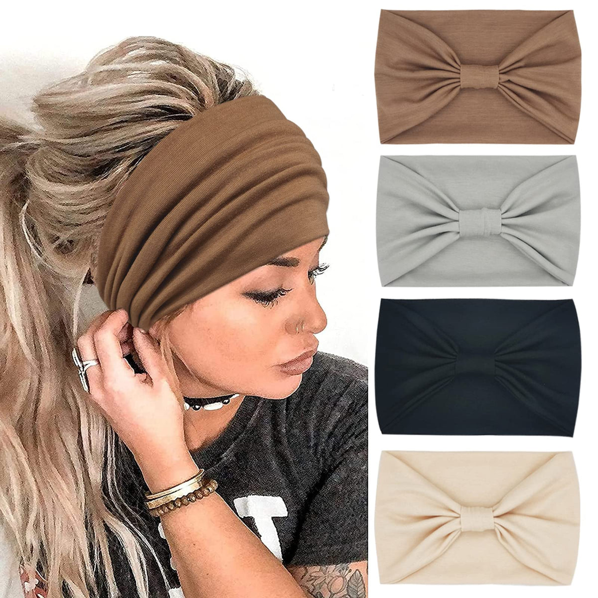YONUF front packaging view showing four colorful headbands and clear branding benefit comfort