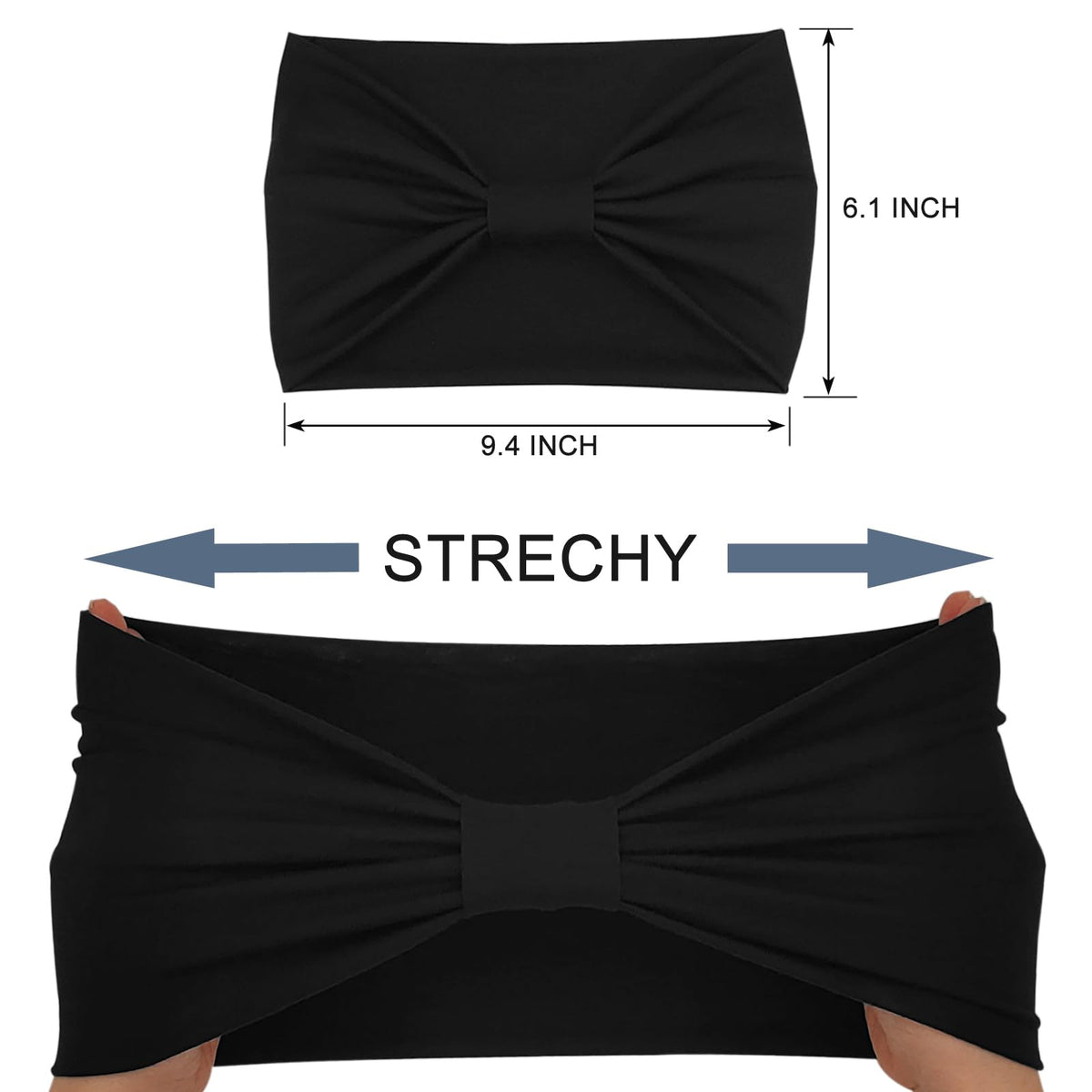 YONUF stretched headband beside ruler showing size and stretch benefit