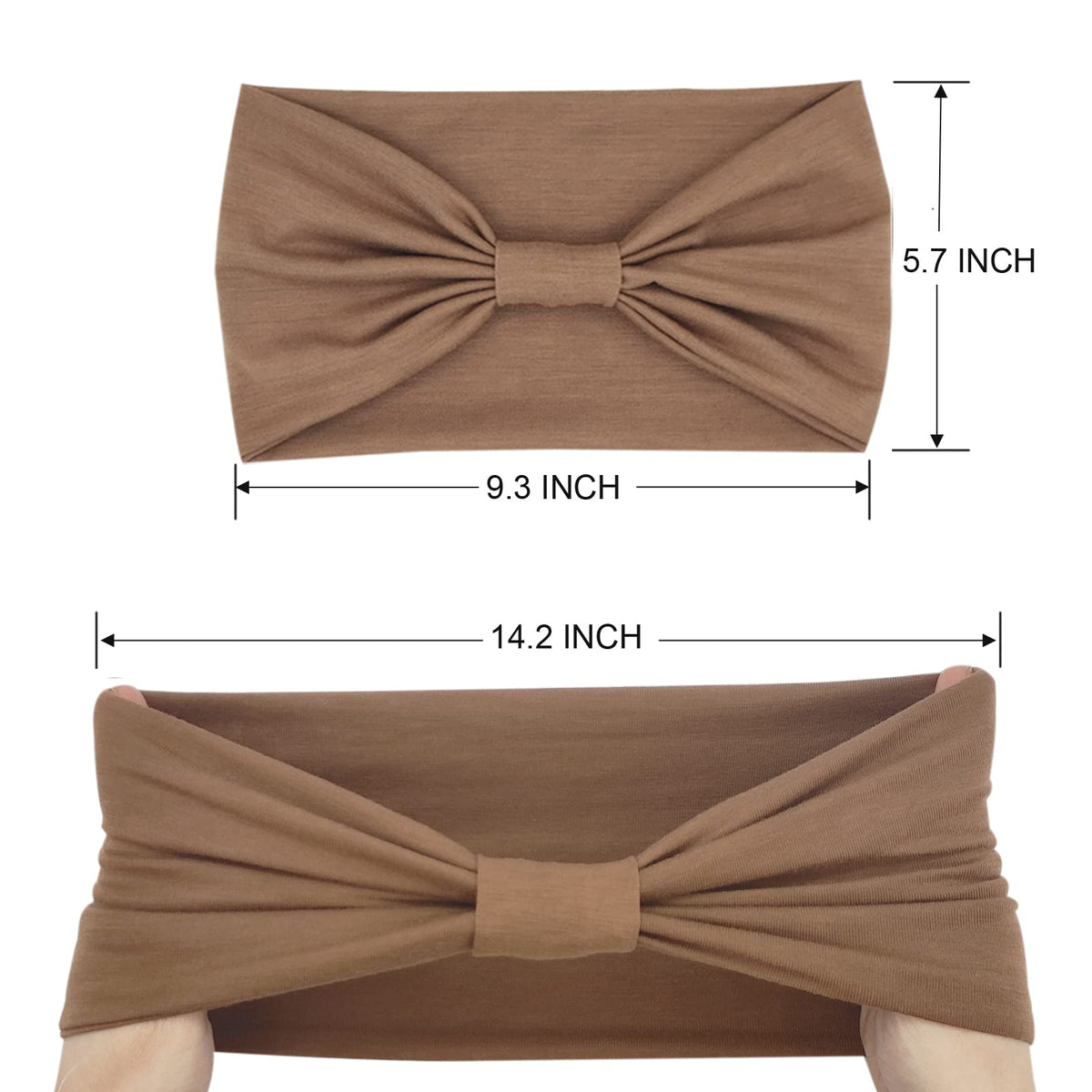YONUF headband beside a hand for scale showing roomy stretch and one-size fit
