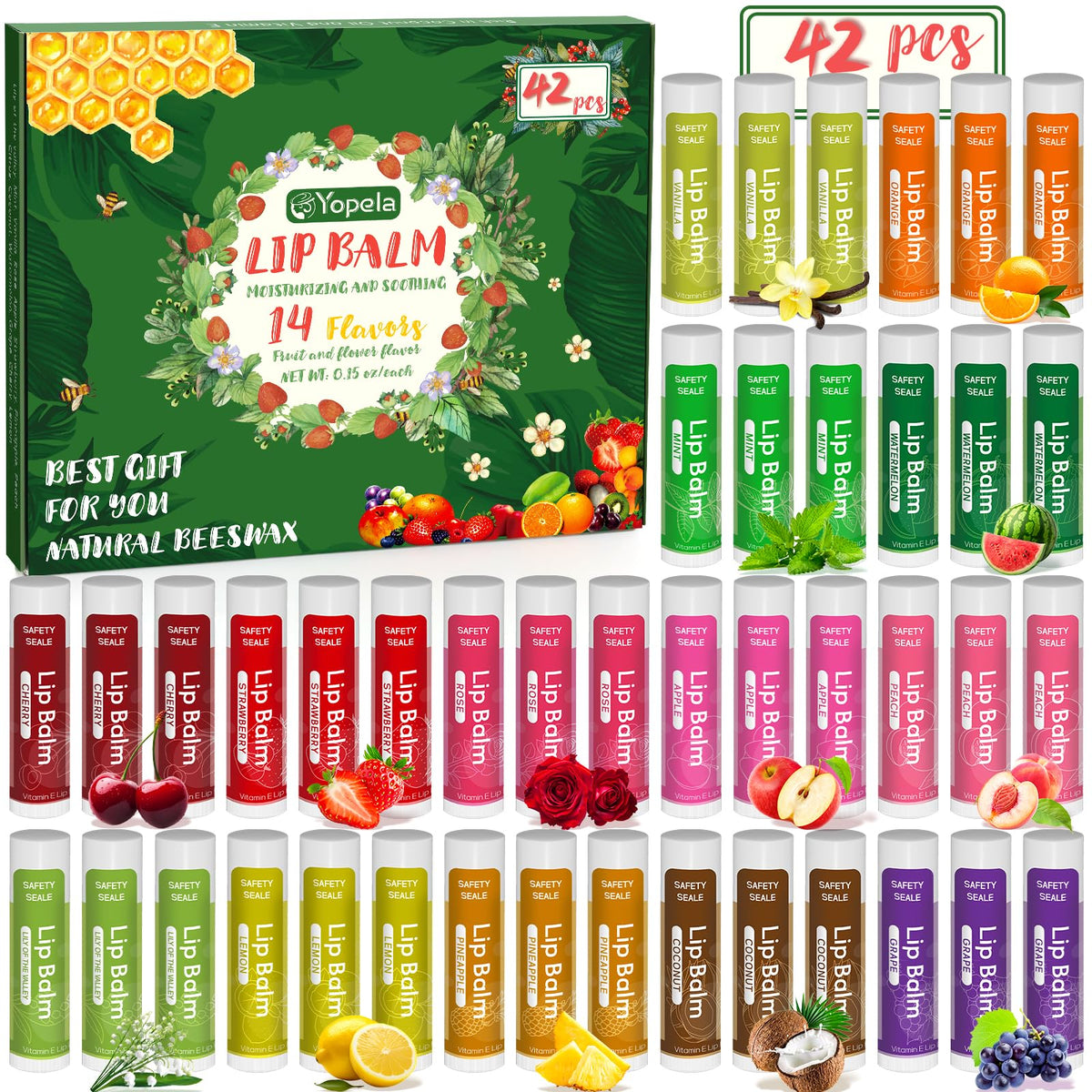 Yopela front packaging showing 42-pack bulk and variety benefits