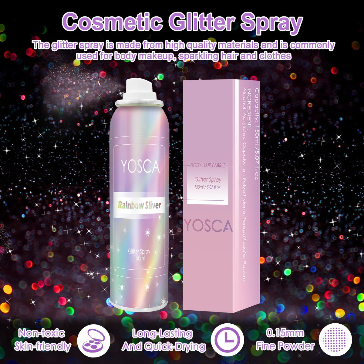 Yosca close-up of fine holographic glitter texture, smooth blend and shine