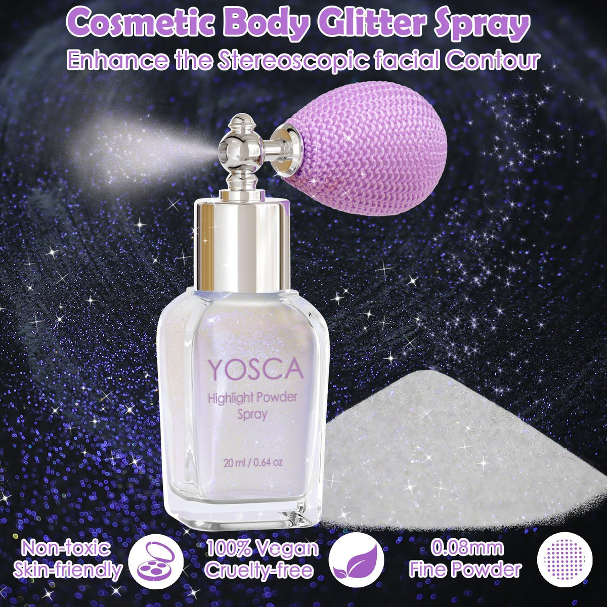 Yosca glitter texture close-up revealing ultra-fine iridescent particles for smooth shine