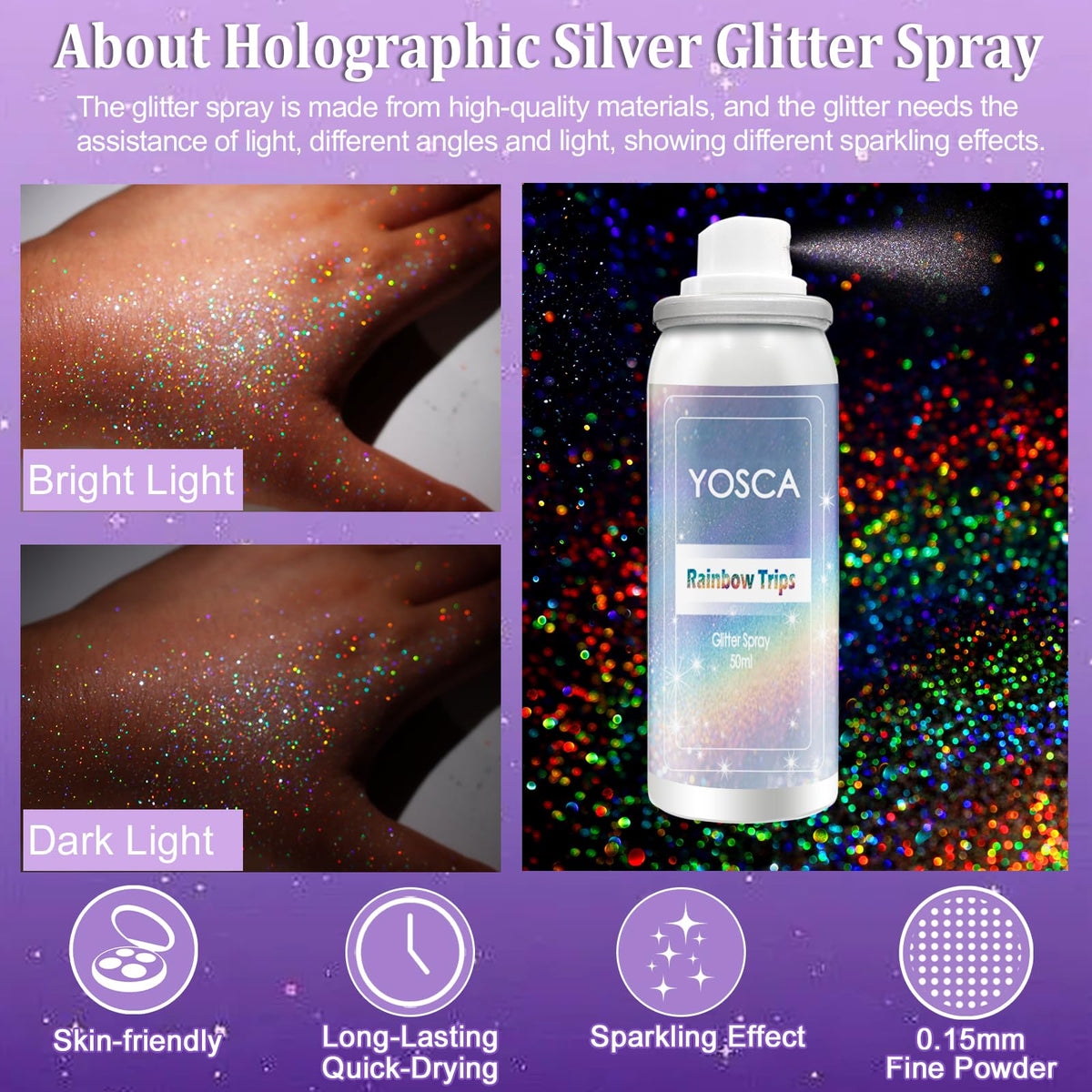 Yosca close-up holographic particles texture exhibiting fine shimmer and even coverage