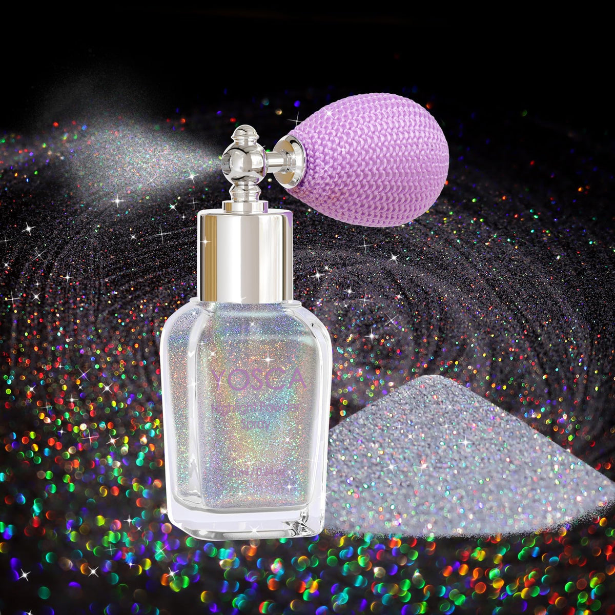 Yosca glass bottle front view showing holographic glitter and elegant design benefits visual appeal