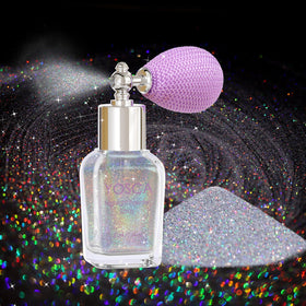 Yosca glass bottle front view showing holographic glitter and elegant design benefits visual appeal