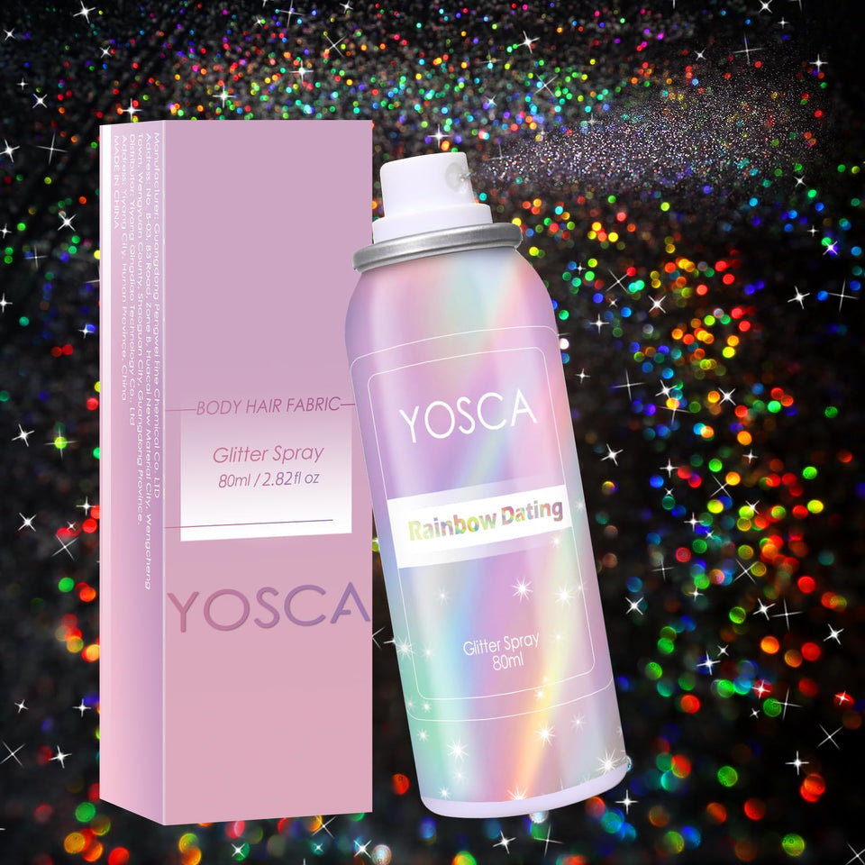 Yosca front packaging showing 80ml glitter spray and label benefit