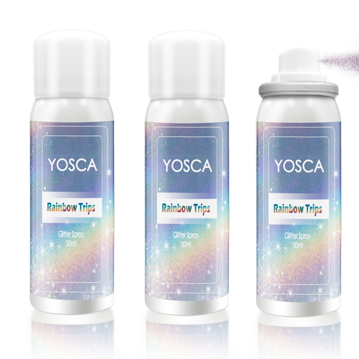 Yosca front packaging showing three silver glitter sprays for easy travel and sharing