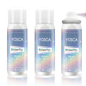 Yosca front packaging showing three silver glitter sprays for easy travel and sharing