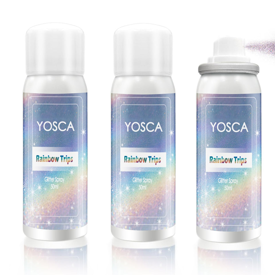 Yosca front packaging showing three silver glitter sprays for easy travel and sharing