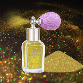 Yosca bottle front view showing holographic glitter and elegant glass packaging benefit: stylish display