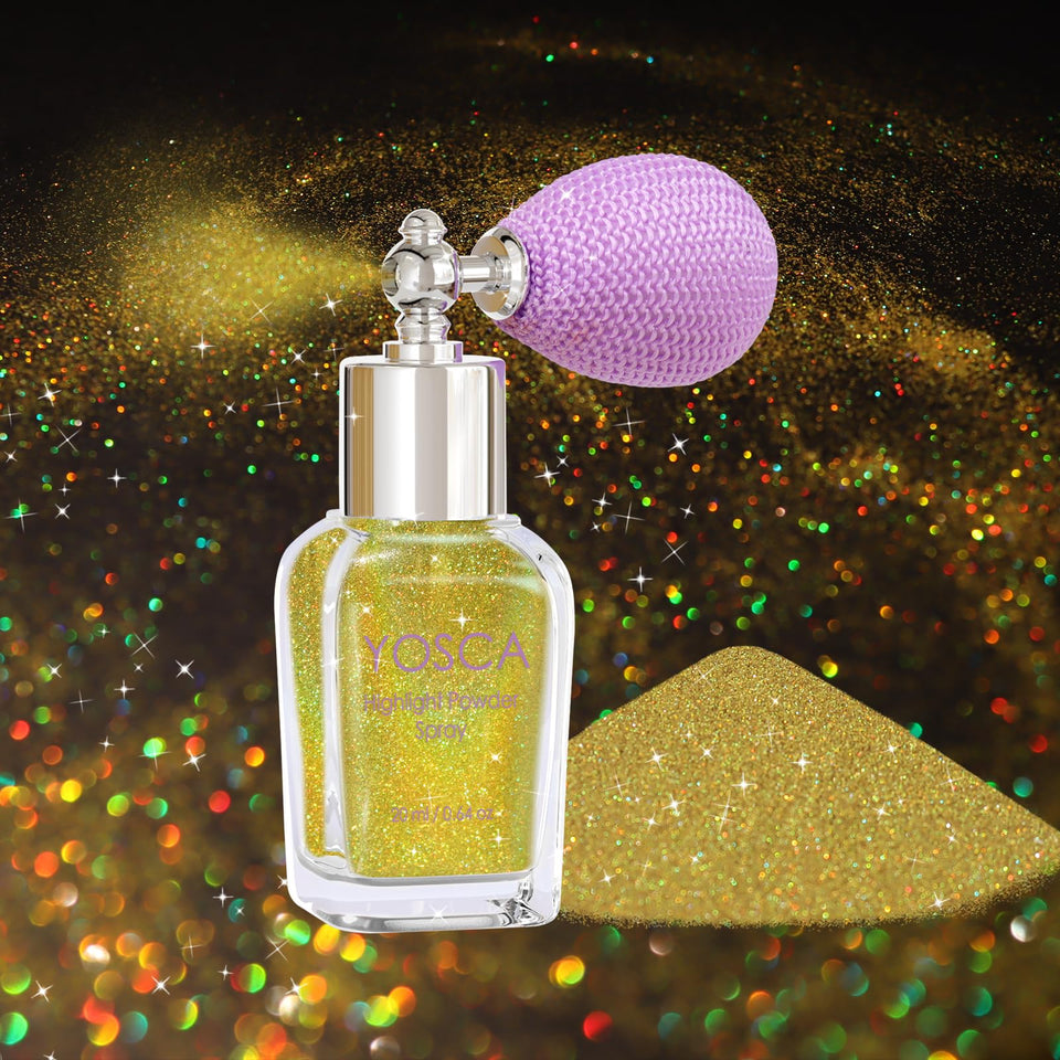 Yosca bottle front view showing holographic glitter and elegant glass packaging benefit: stylish display