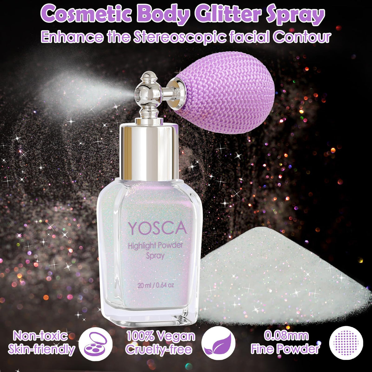 Yosca glitter texture close-up highlighting ultra-fine iridescent sparkle for visibility
