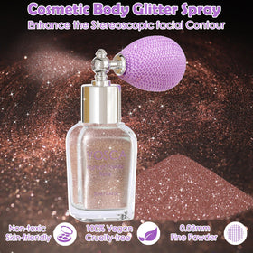 Yosca spray mist close-up capturing fine rose-pink glitter particles for even luminous coverage