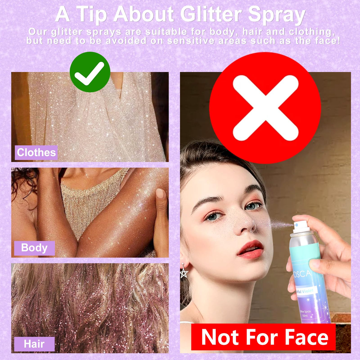 Yosca spray mist on hair creating instant sparkle, visible stage-ready shimmer