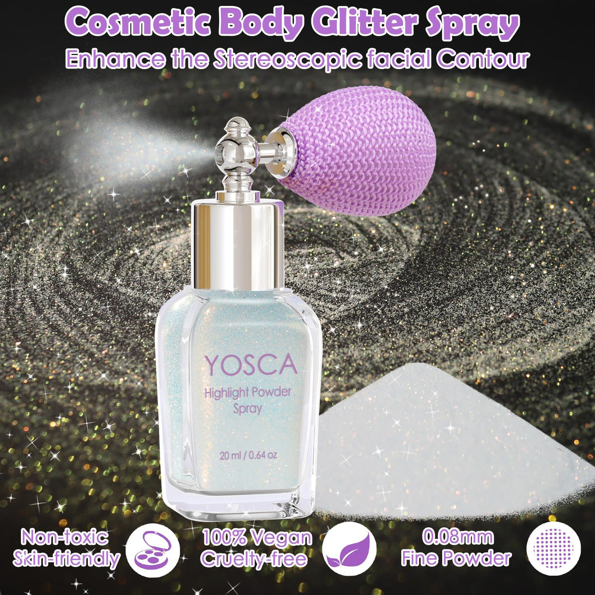 Yosca spray mist closeup capturing fine iridescent shimmer for visible sparkle