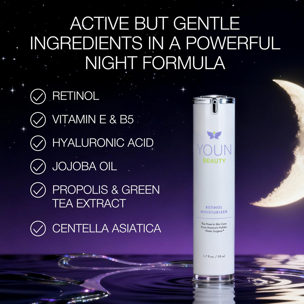 YOUN Beauty pump dispense detail displaying controlled dosing for gentle nightly use
