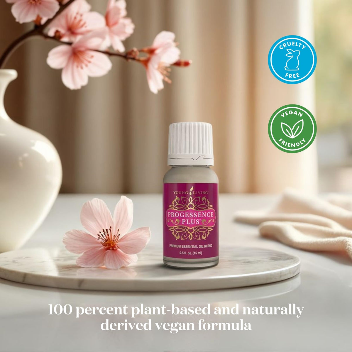 Young Living Progressence Serum on bathroom vanity for a calming ritual setup
