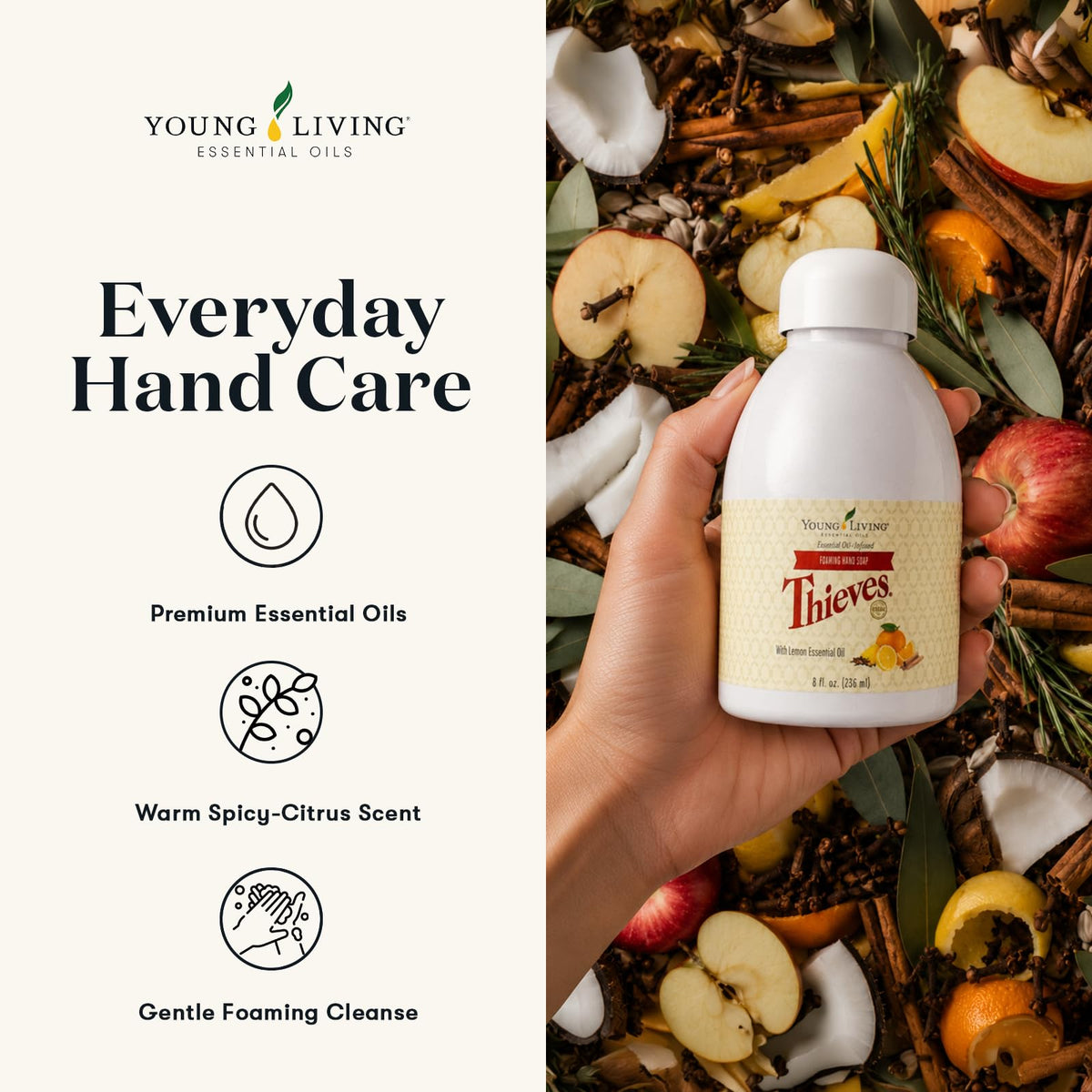 Young Living Thieves bottle label detail highlighting ingredients and Thieves scent