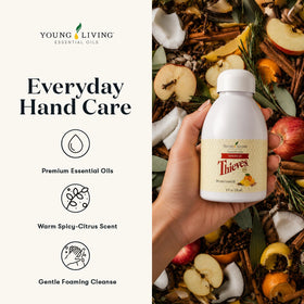 Young Living Thieves bottle label detail highlighting ingredients and Thieves scent