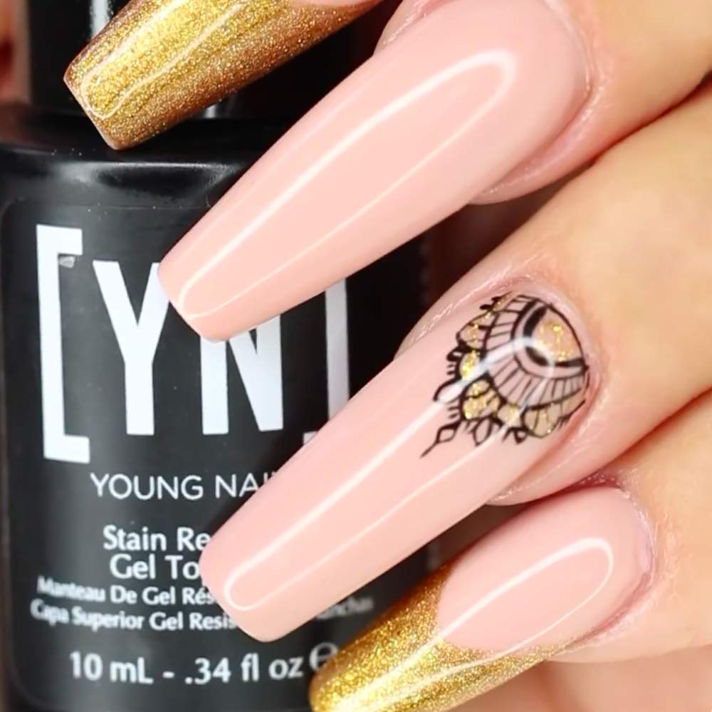 Young Nails applied on acrylic nail illustrating stain resistance and shine