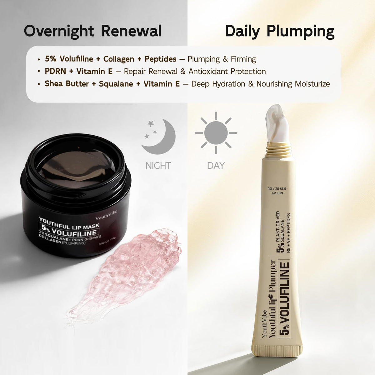 YouthVibe nighttime layer on bedside indicating moisturizing repair during sleep