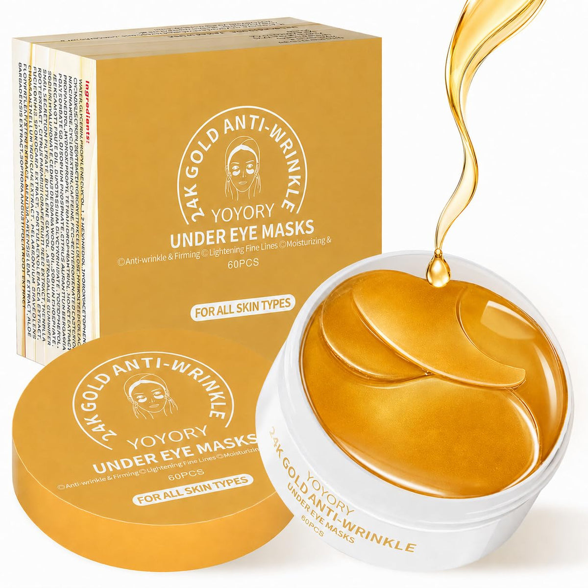 YOYORY front packaging showing gold hydrogel patches and benefits