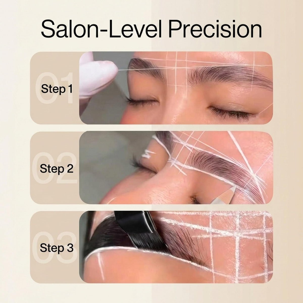 Ysen's string being used on a client's brow to establish symmetrical guidelines