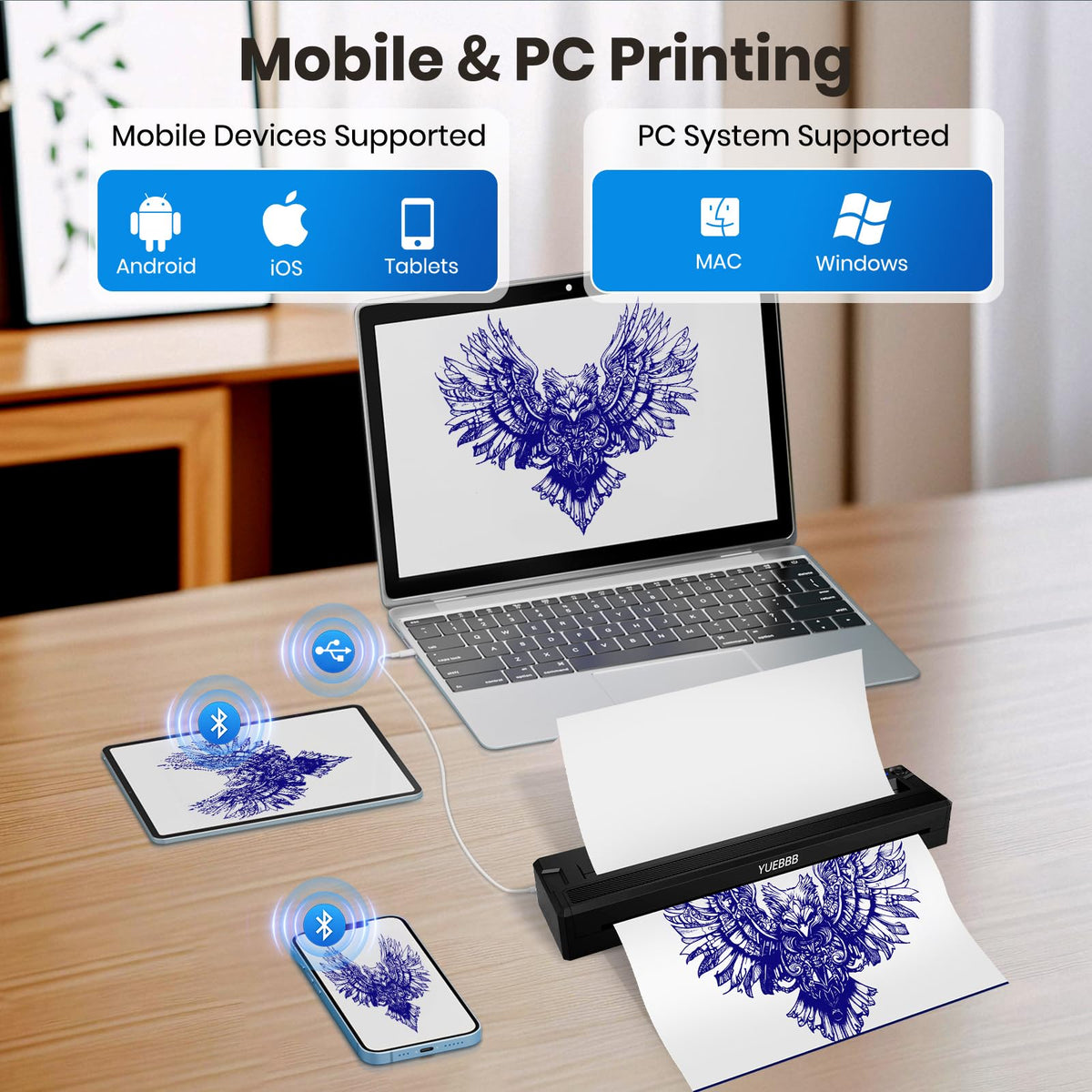 YUEBBB connected to phone app demonstrating wireless Bluetooth printing