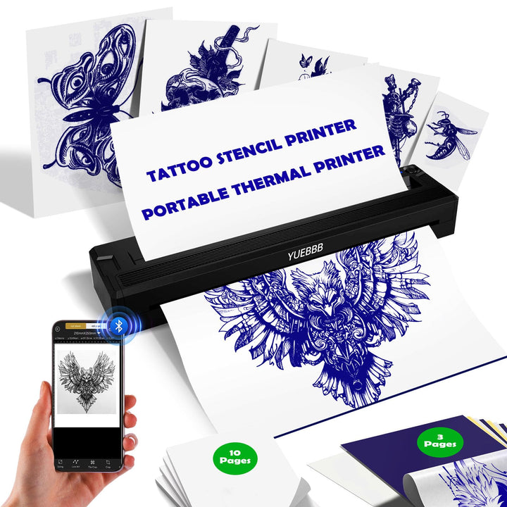 YUEBBB front view of compact tattoo stencil printer showing portability and quick use