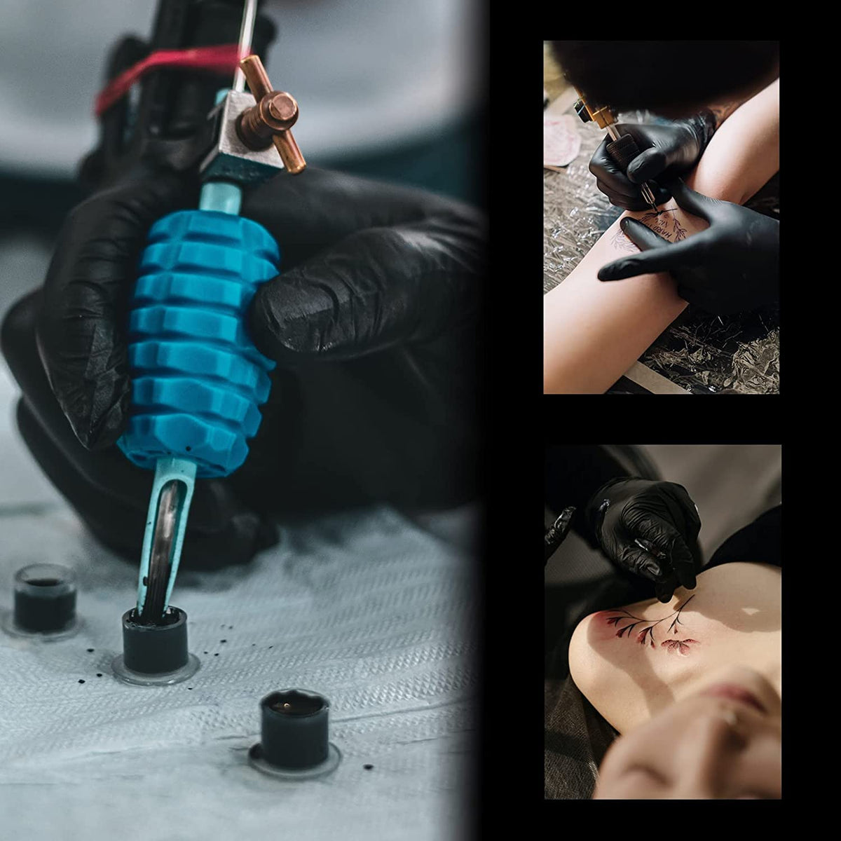 Yuelong cups in use on a tattoo station enabling fast pigment access