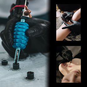 Yuelong cups in use on a tattoo station enabling fast pigment access